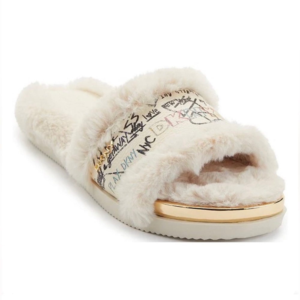 DKNY Graffiti Logo Print Leather Slides - Picture 3 of 9